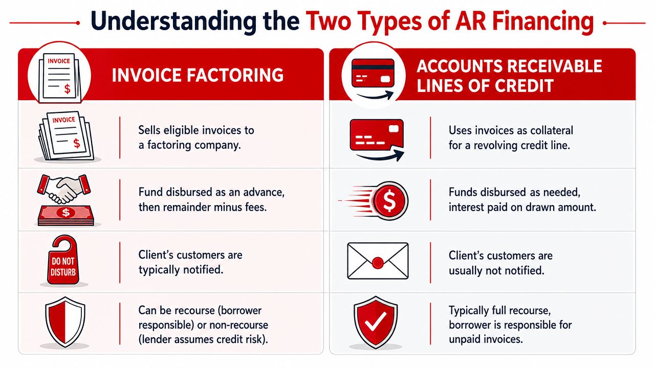A comparison chart outlining the key differences between invoice factoring and accounts receivable lines of credit.