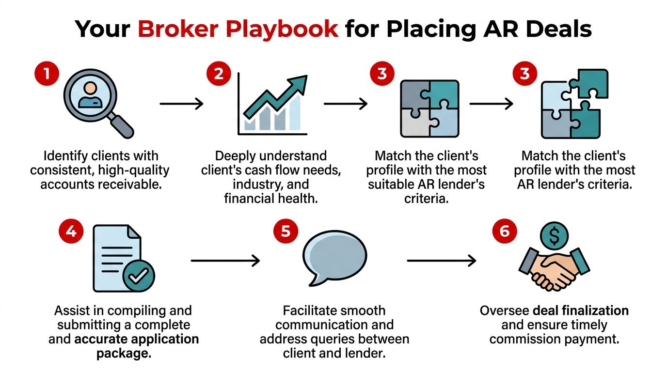 A six-step infographic detailing the broker process for successfully placing accounts receivable deals with lenders.