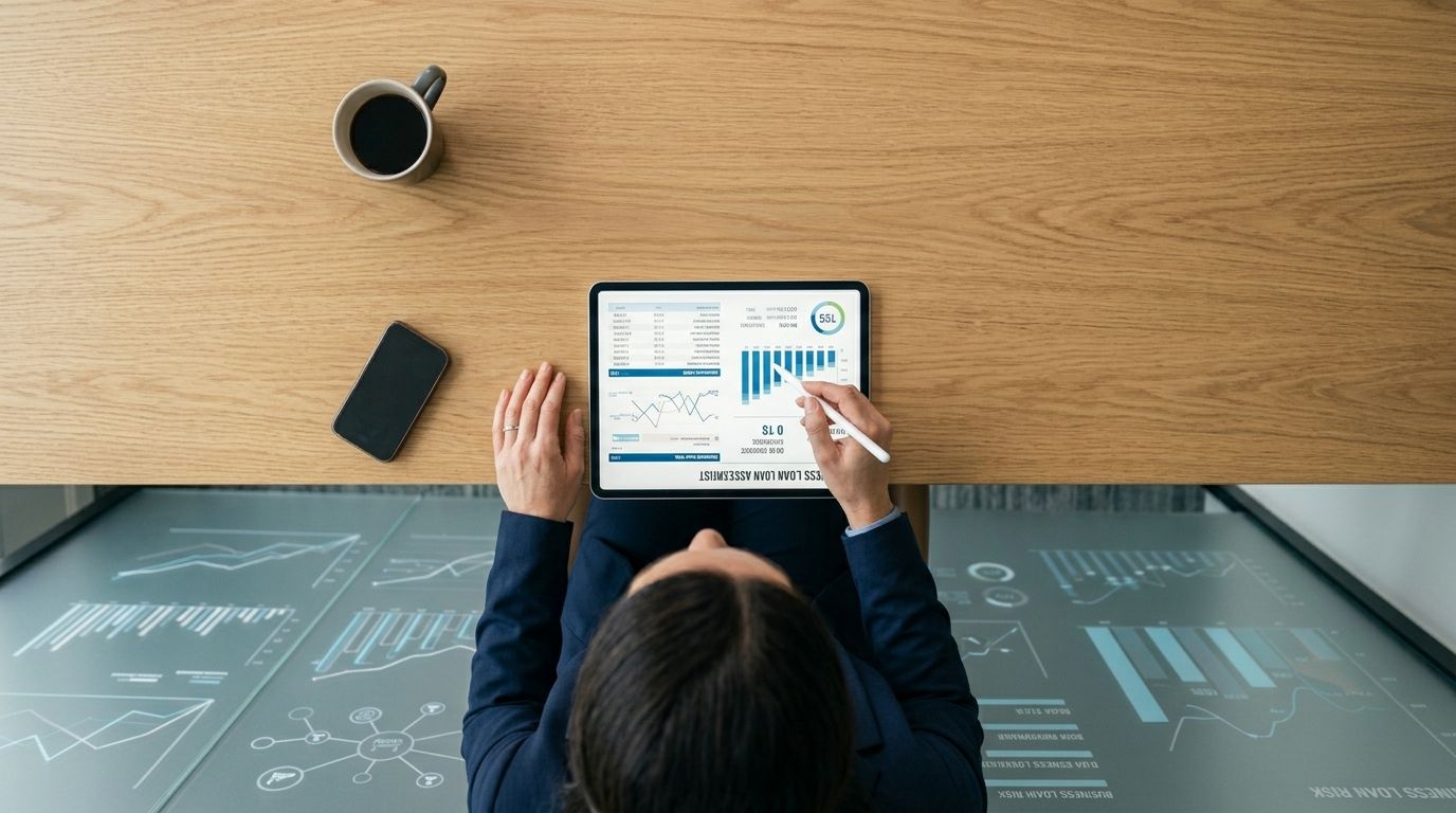 A professional analyzing business financial data and accounts receivable charts on a digital tablet at a desk.