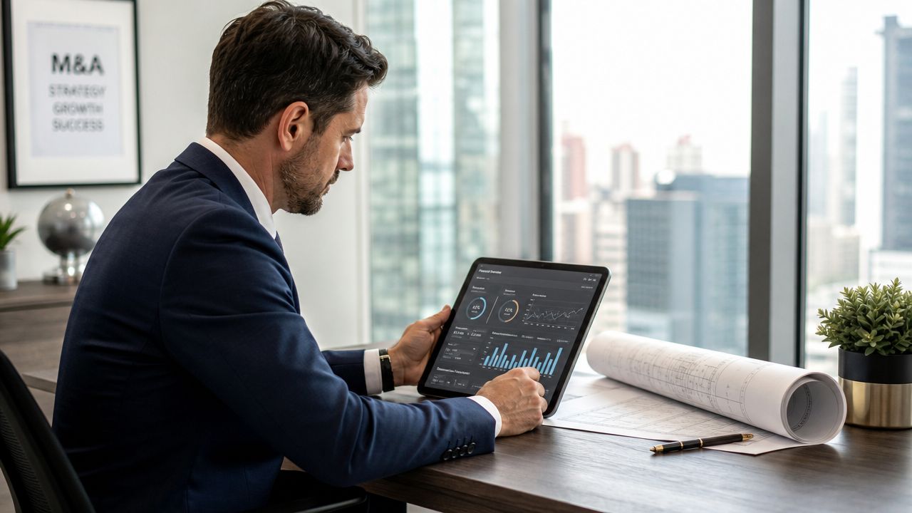 A professional businessman reviews financial data on a tablet while sitting in a modern office overlooking city buildings.