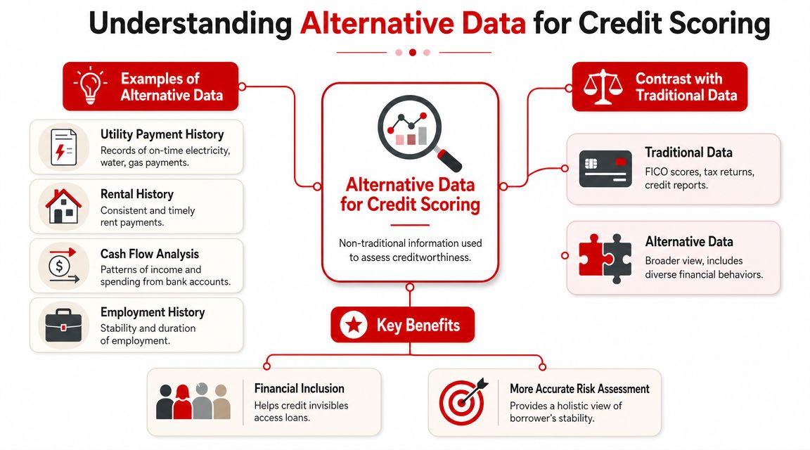 An infographic explaining the benefits and sources of alternative data for assessing credit scores and creditworthiness.