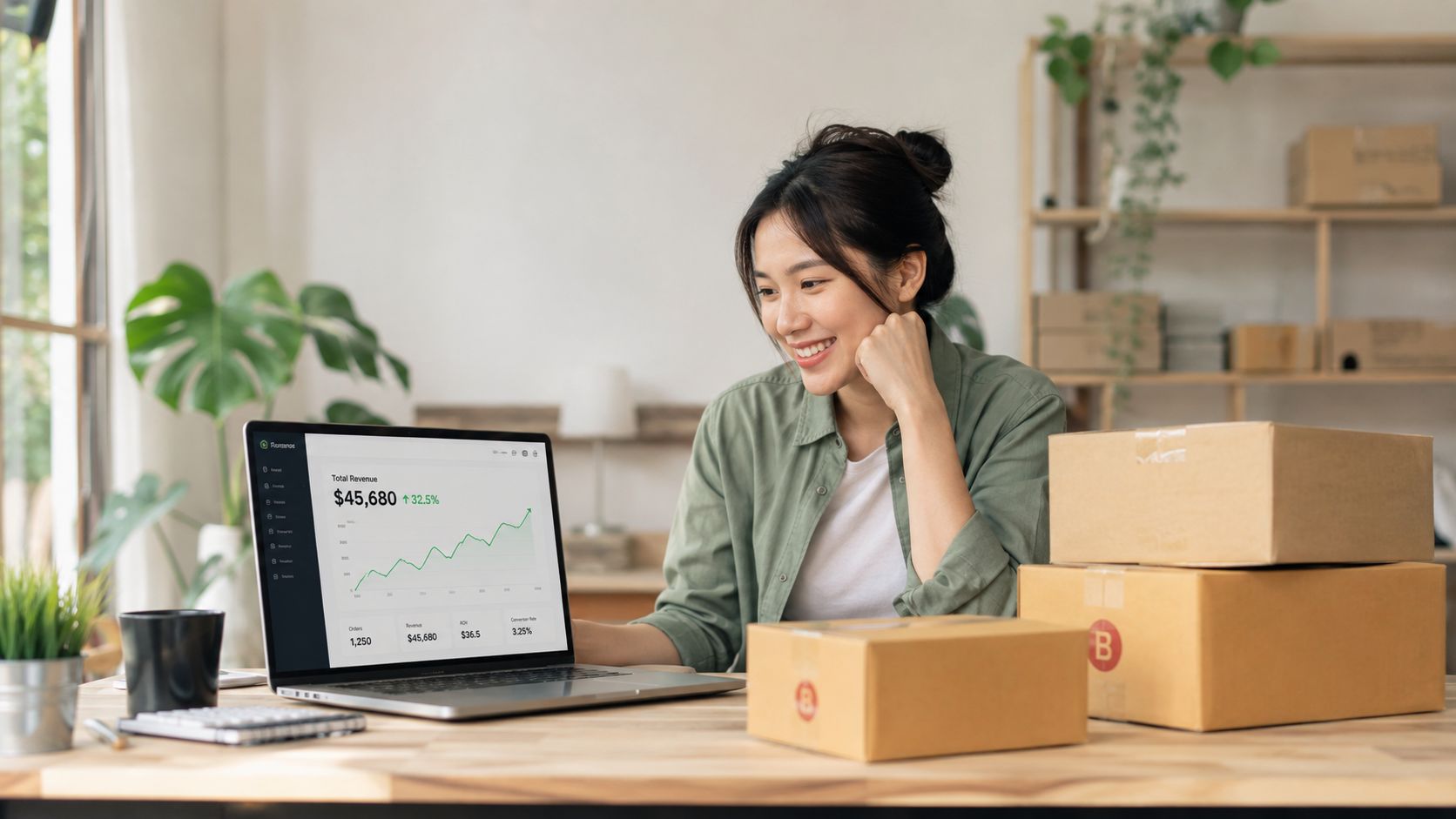 A smiling small business owner monitors her growing online revenue on a laptop next to shipping packages.