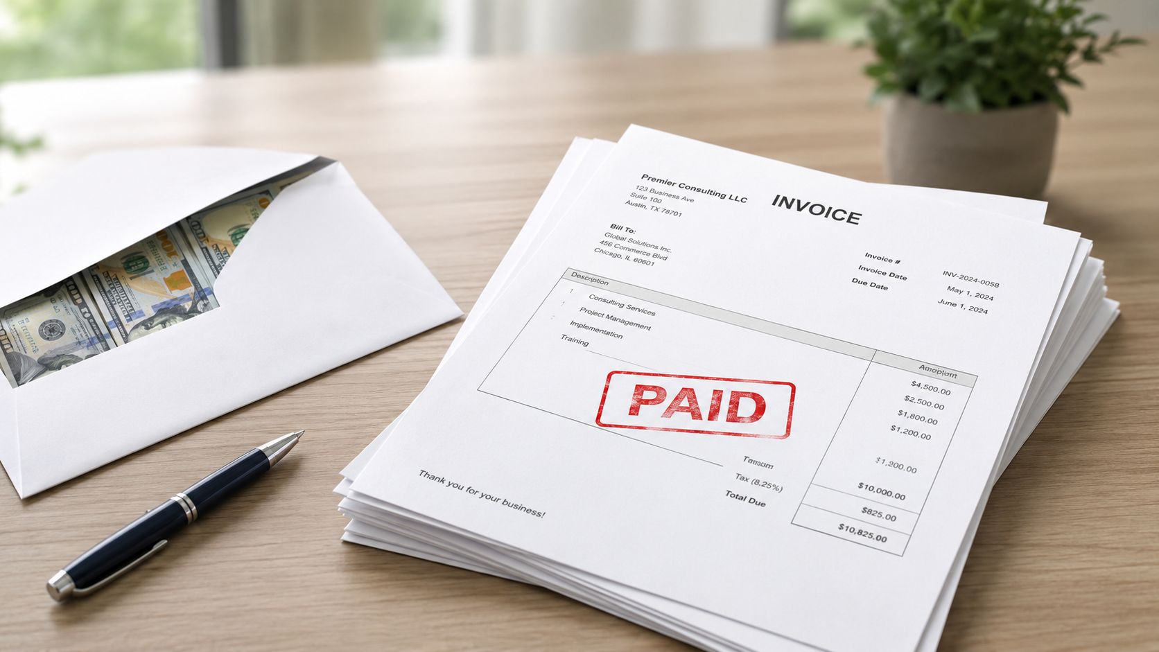 A stack of paid invoices with a pen and an envelope full of cash on a wooden desk.
