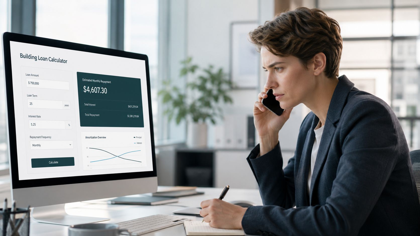 A professional woman talking on the phone while using a building loan calculator on her computer screen.