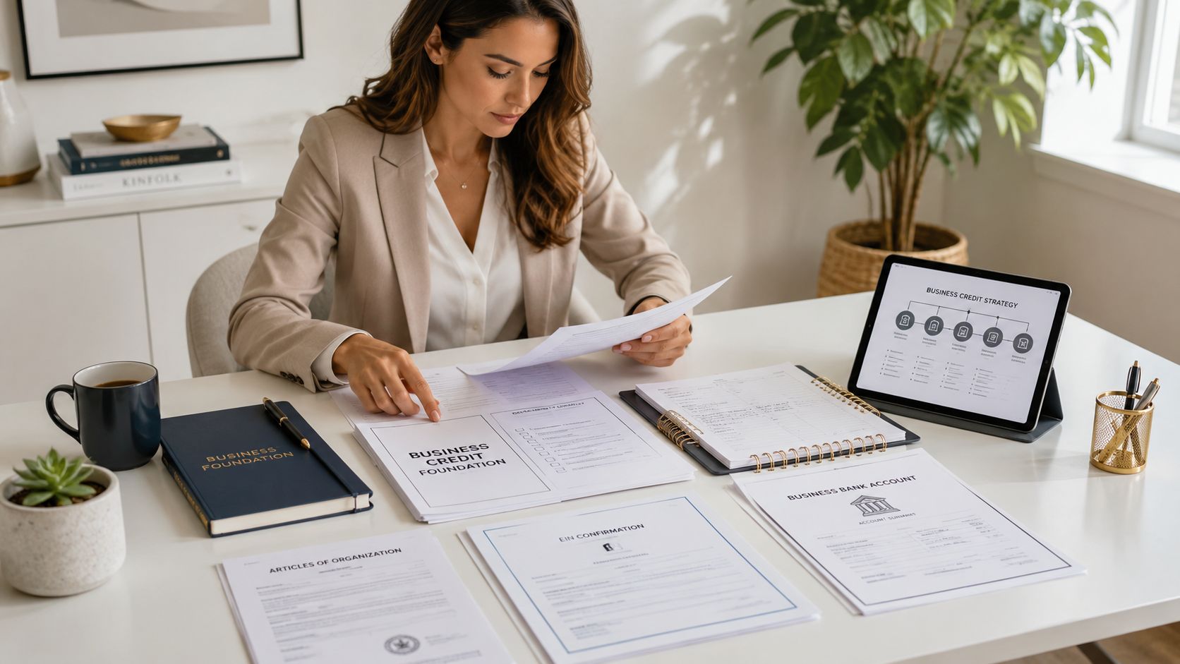 A professional woman in a beige blazer reviews business credit strategy documents at her organized white desk.
