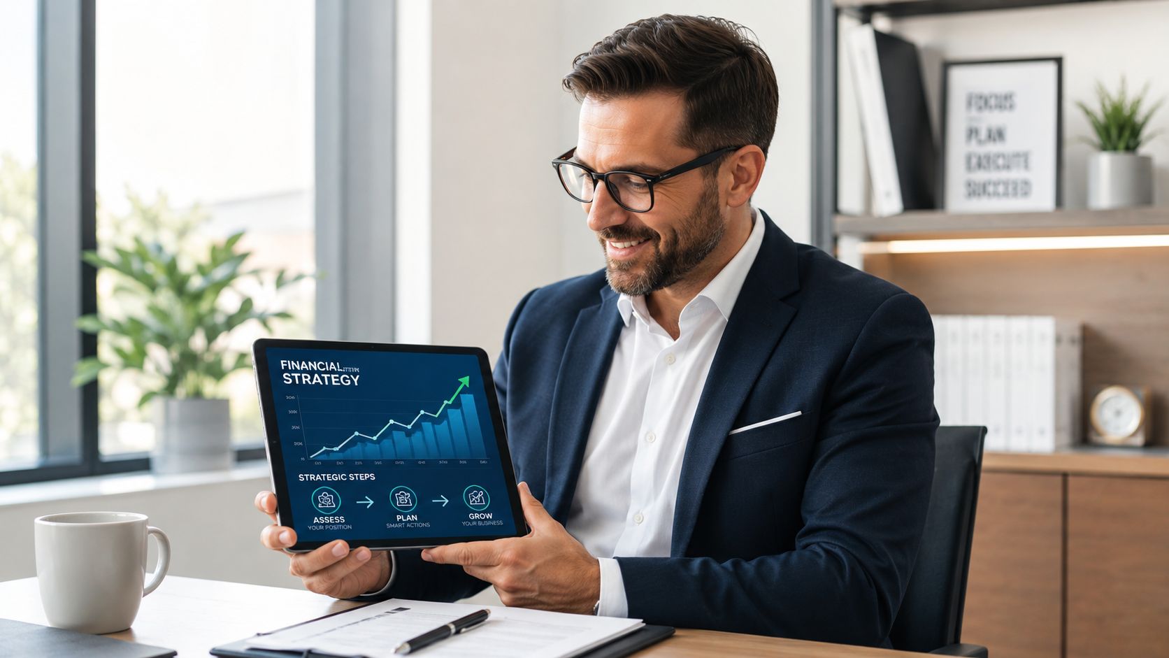 A professional financial advisor holding a tablet displaying a financial strategy chart in an office setting.