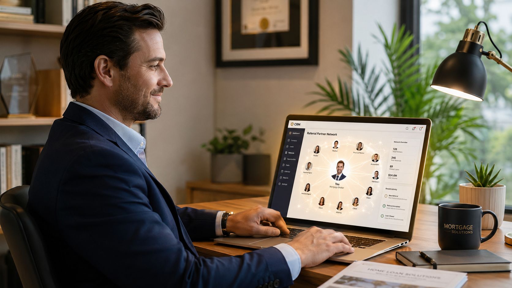 A professional mortgage broker working on a laptop displaying a digital CRM referral partner network dashboard.