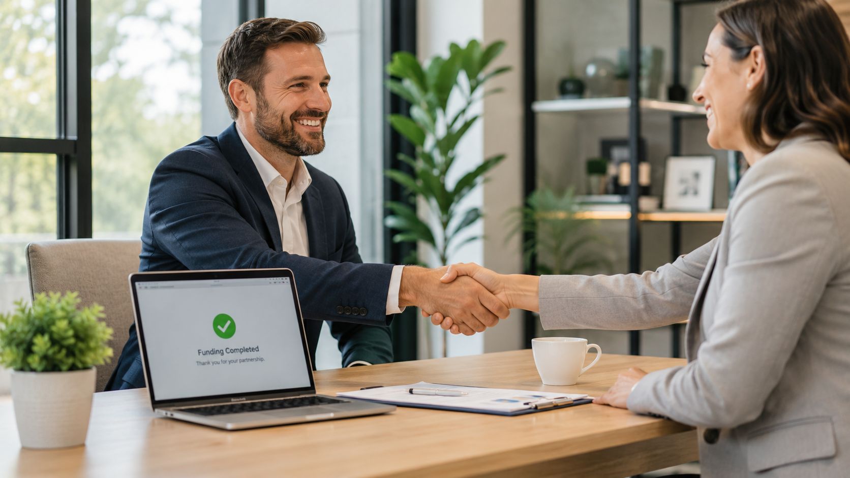 A professional man and woman shaking hands over a business desk after successful funding on a laptop.