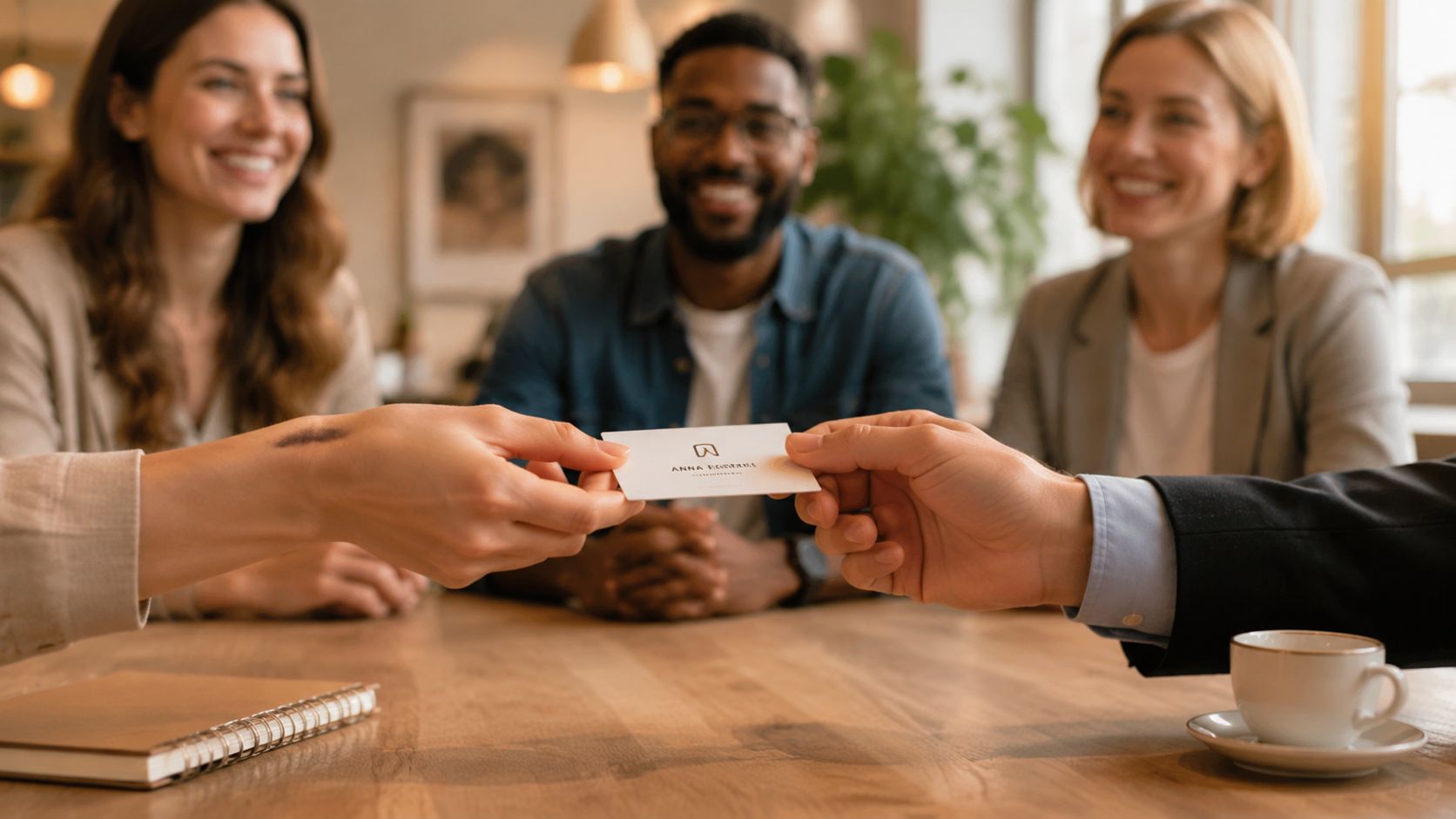 A professional business meeting where a business card is being exchanged between two people over a wooden table.