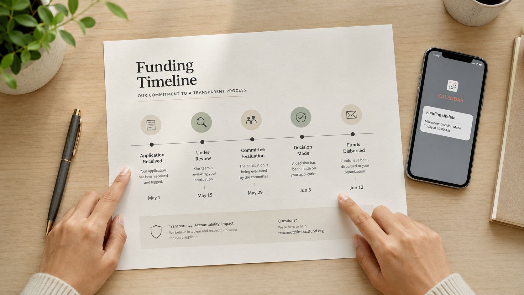 A person reviewing a printed funding process timeline on a desk next to a mobile phone.