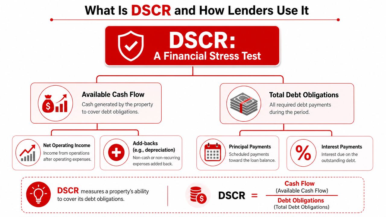 A diagram explaining the Debt Service Coverage Ratio (DSCR) as a financial stress test for property owners.