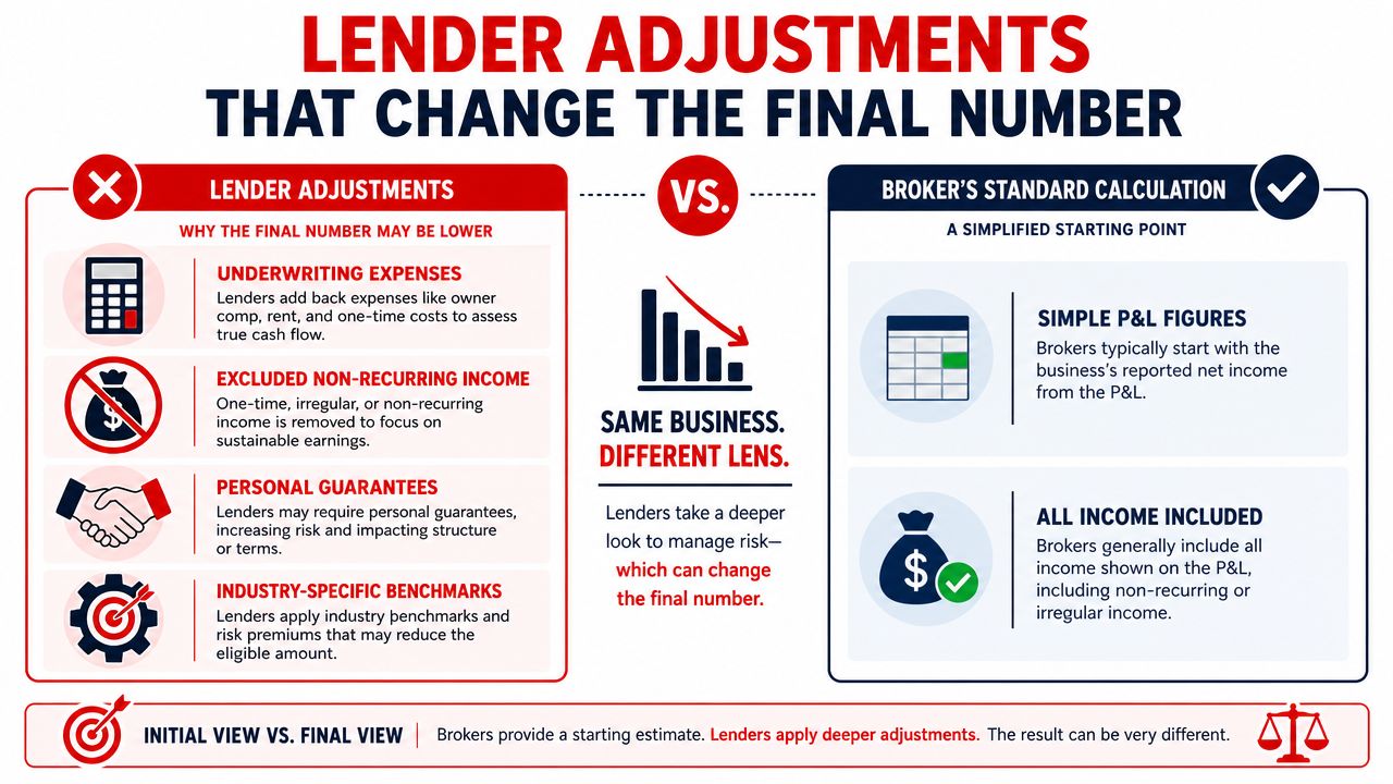 A comparison infographic showing how lender adjustments and broker calculations affect business valuation and final numbers.