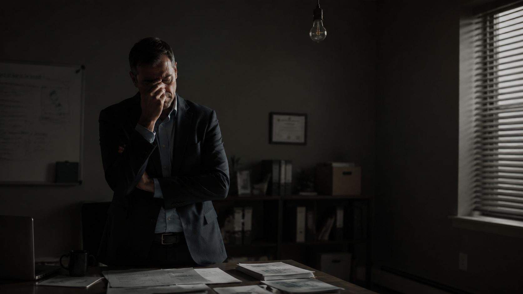 A stressed businessman in a dark office leaning over documents, appearing worried about financial challenges.