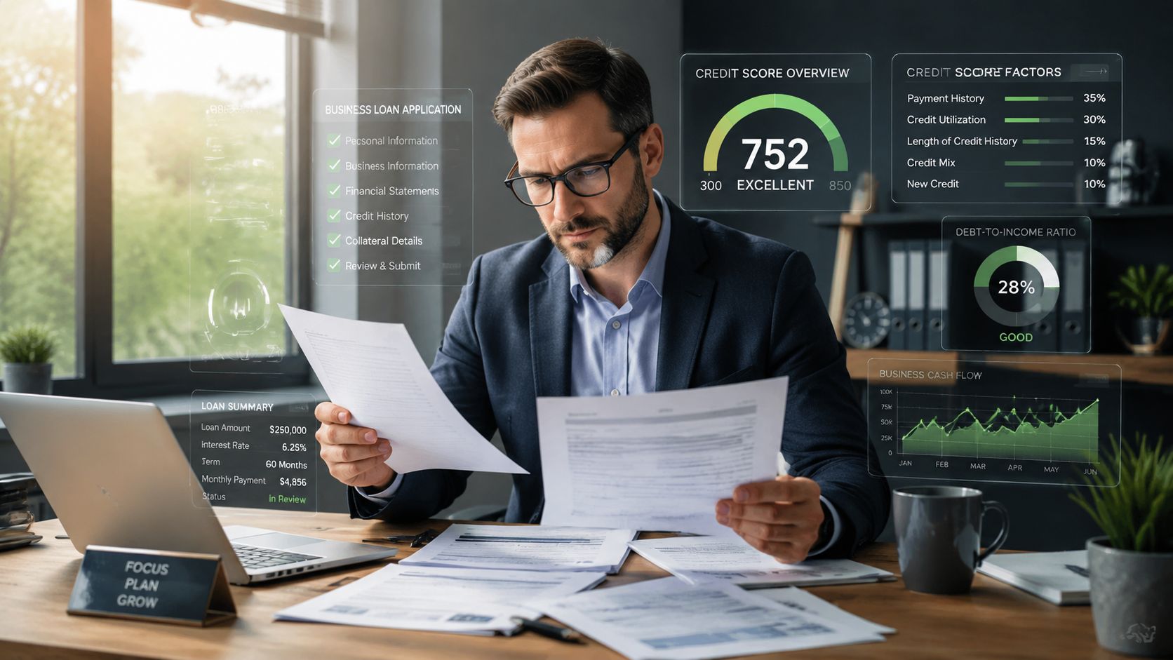 A professional man reviewing business loan documents in a modern office with financial data holographic displays.