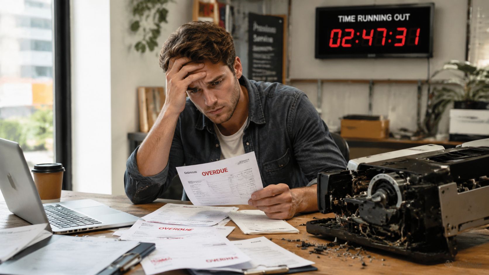 A stressed businessman looks at overdue bills while sitting at a desk with a broken machine.