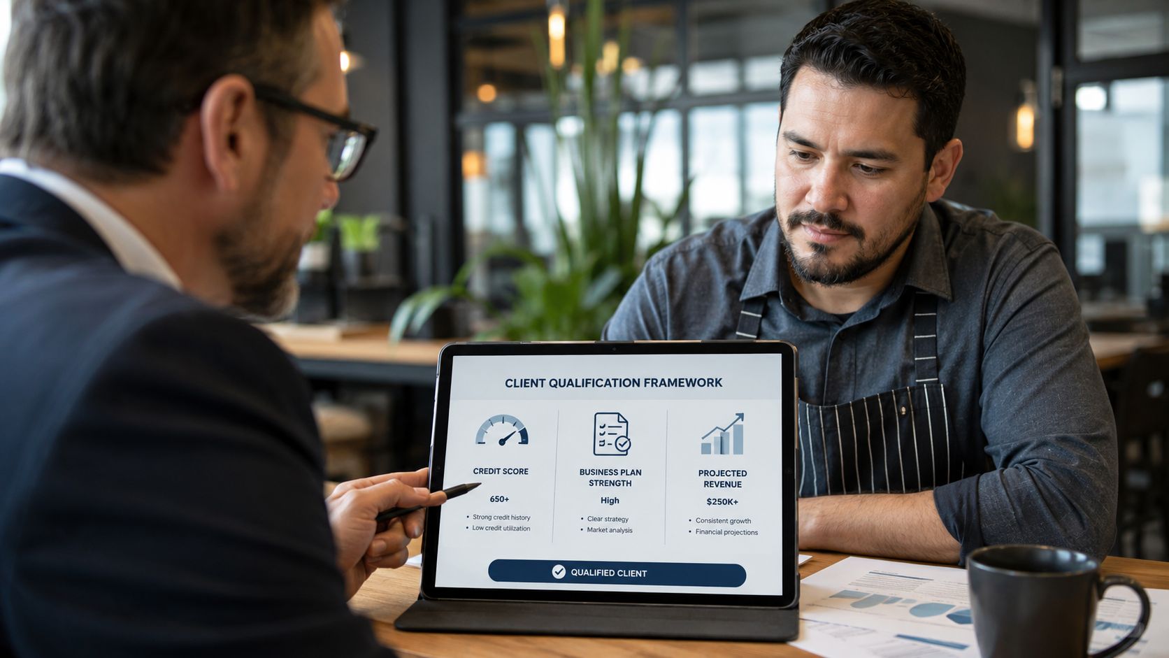 A financial advisor presents a business client qualification framework to a restaurant owner on a tablet screen.