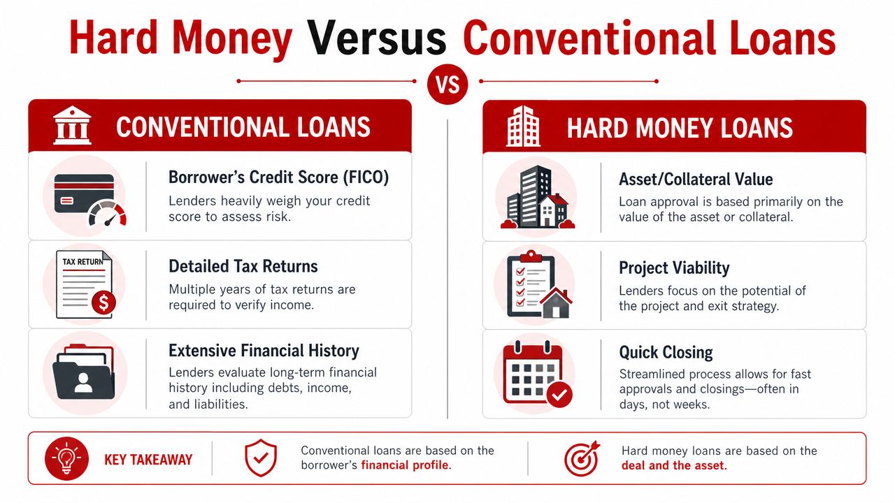 A comparison infographic showing the differences between conventional loans and hard money loans for real estate.