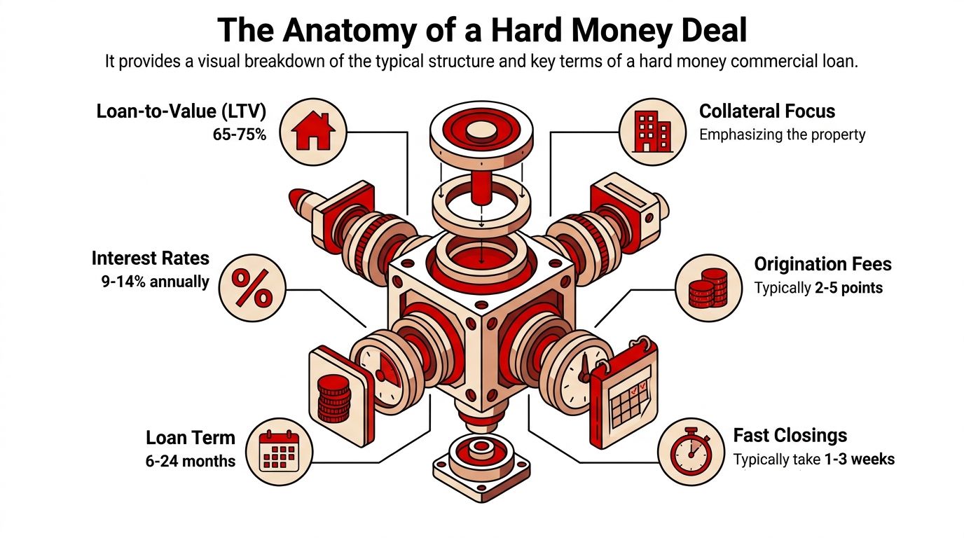 An infographic diagram labeled The Anatomy of a Hard Money Deal, explaining commercial loan terms and features.