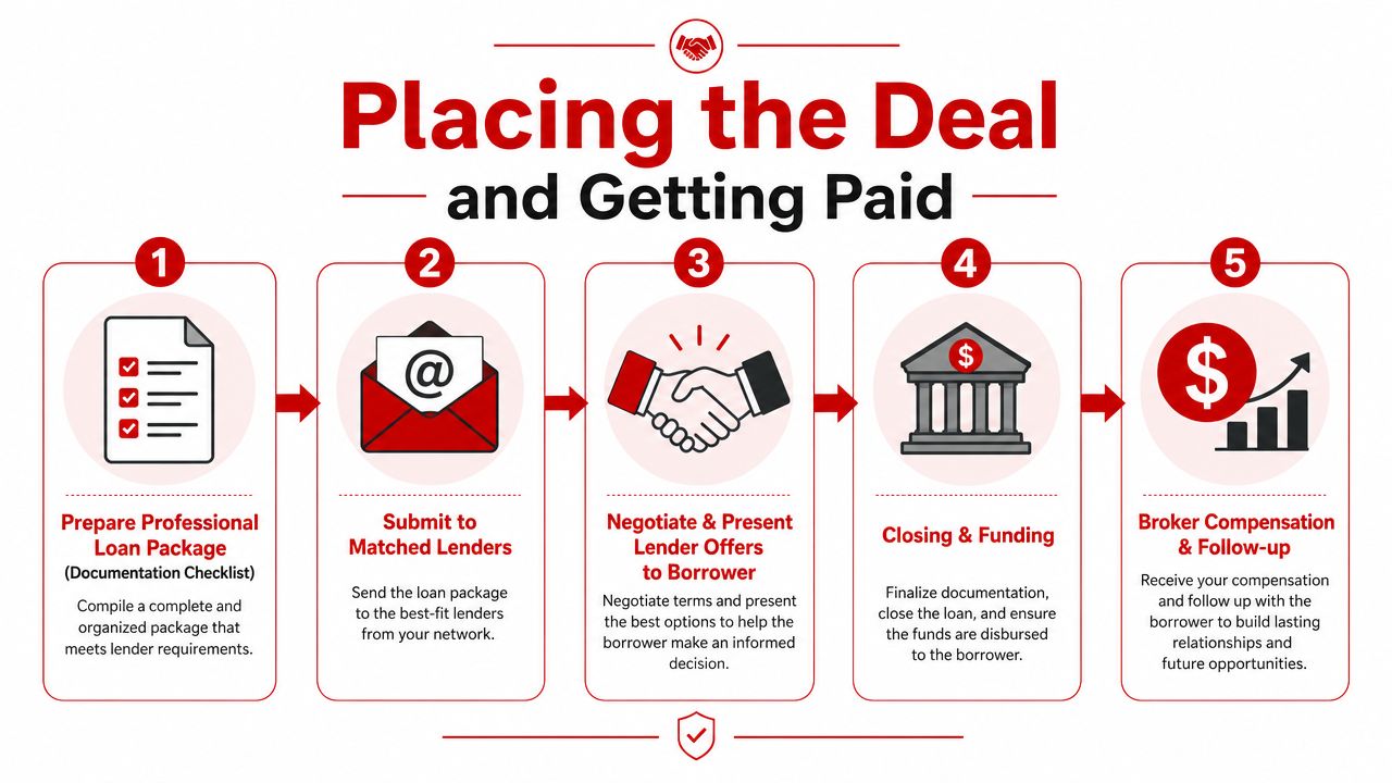 A five-step infographic showing the commercial loan process from document preparation to broker compensation and funding.