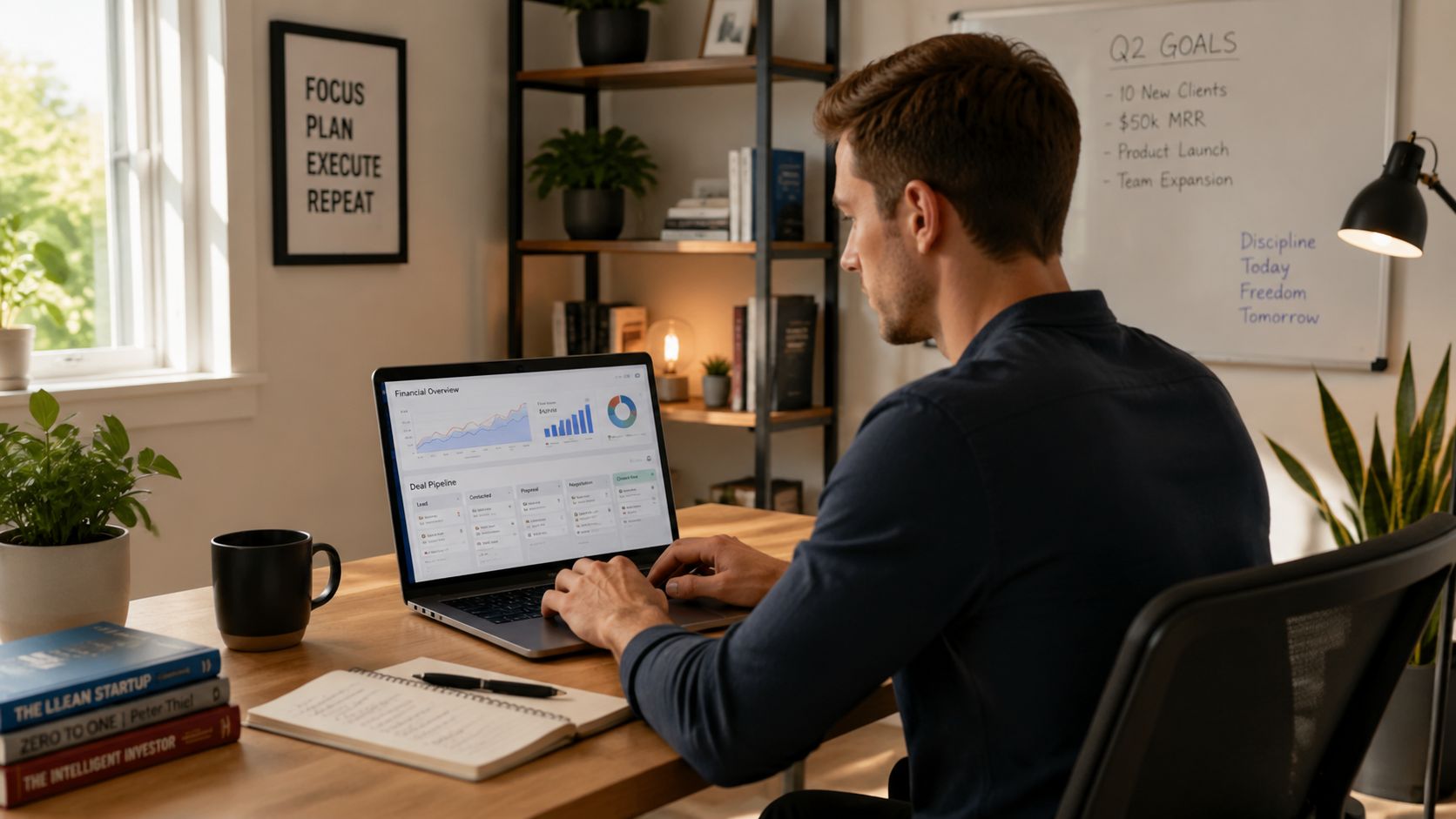 A professional man sitting at a desk working on financial charts on his laptop in a home office.