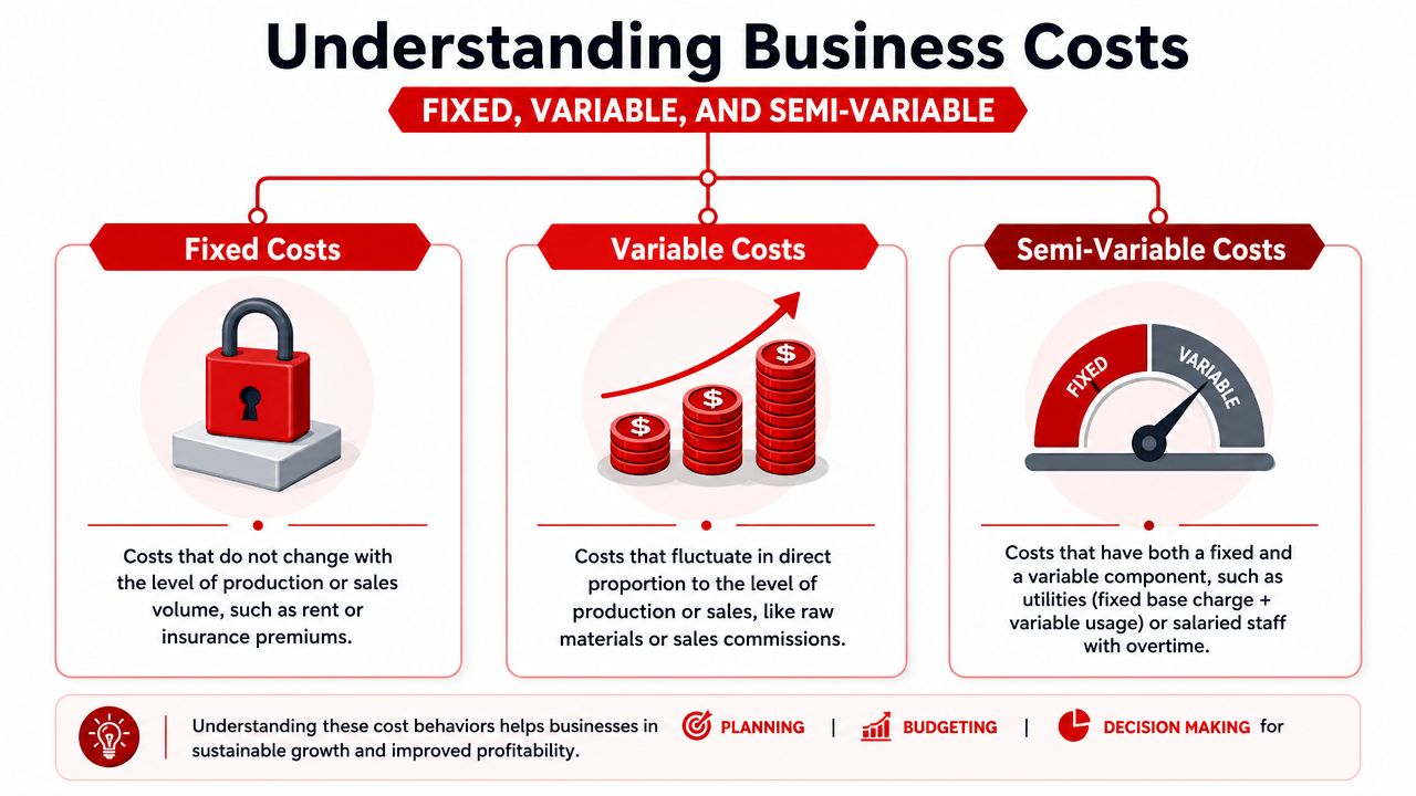 An infographic explaining fixed, variable, and semi-variable business costs with icons and descriptive definitions for each.