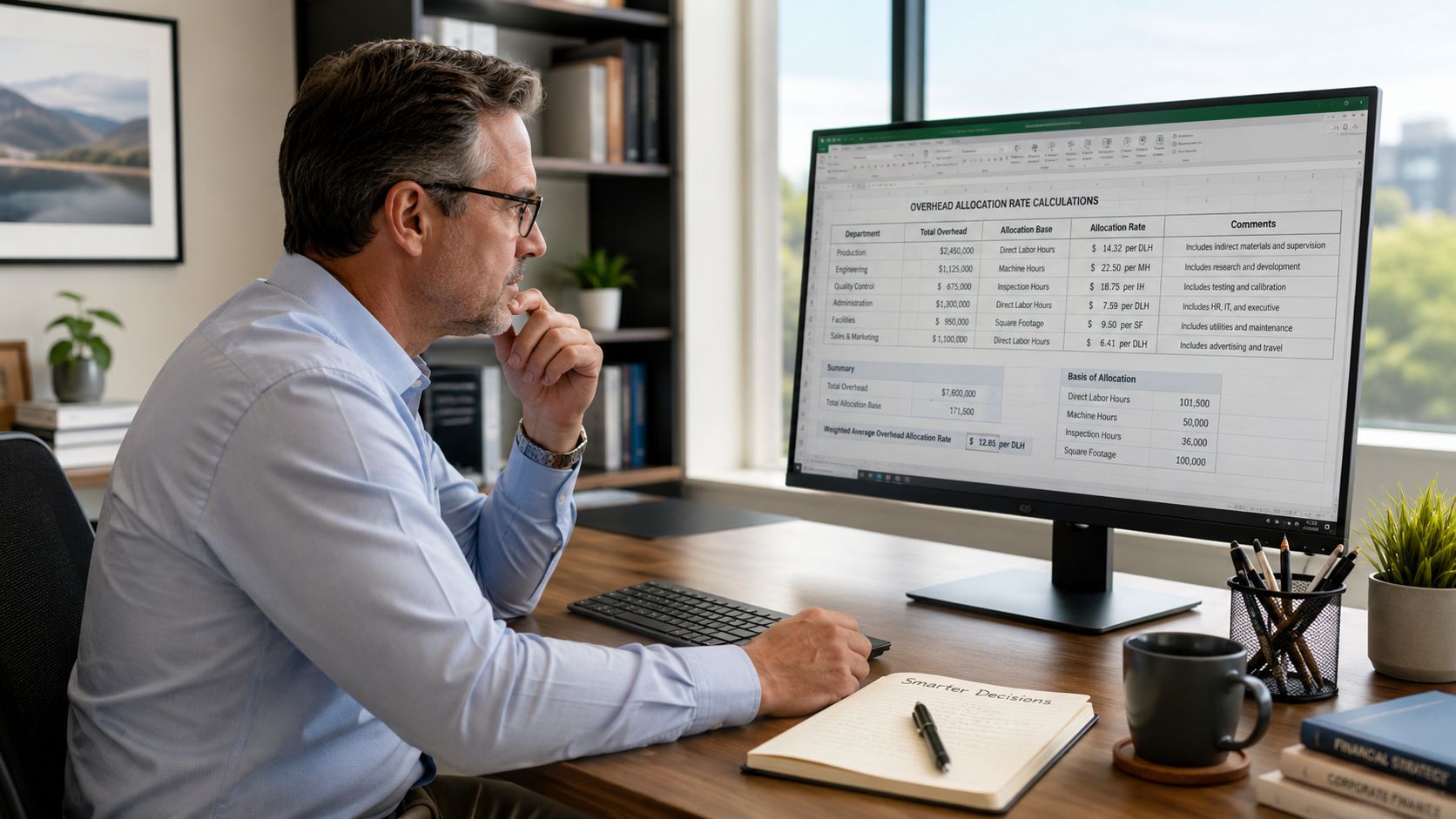 A professional man sitting at his desk analyzing overhead allocation rate calculations displayed on his computer monitor.