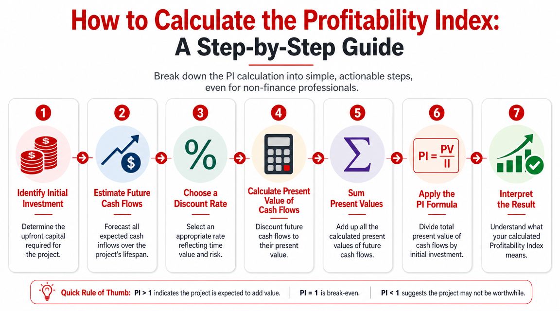 A seven-step infographic showing how to calculate the profitability index for business projects and investments.