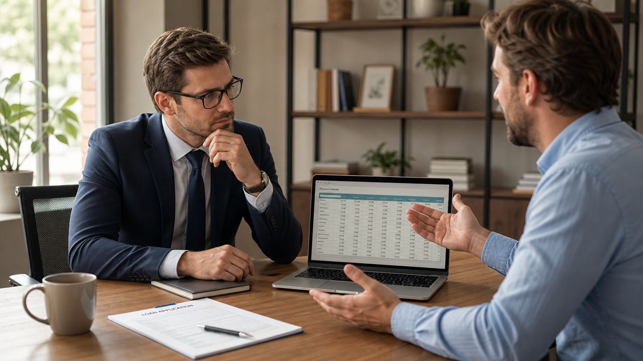 A professional business meeting where a man presents financial projections on a laptop to a loan officer.