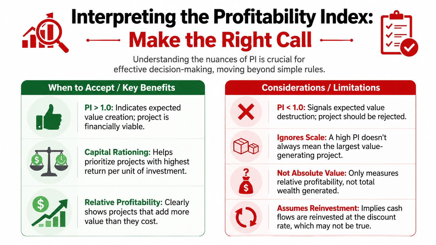 An infographic titled Interpreting the Profitability Index showing key benefits for accepting projects and important limitations to consider.