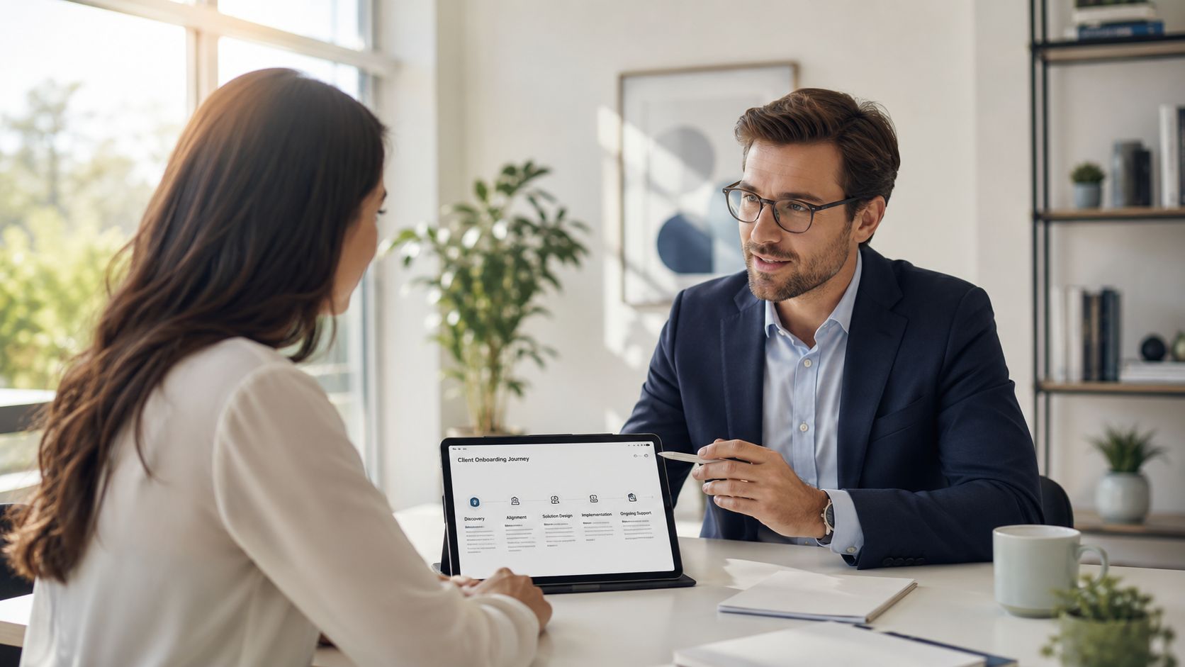 A professional man and woman discussing a client onboarding journey presentation on a tablet in an office.