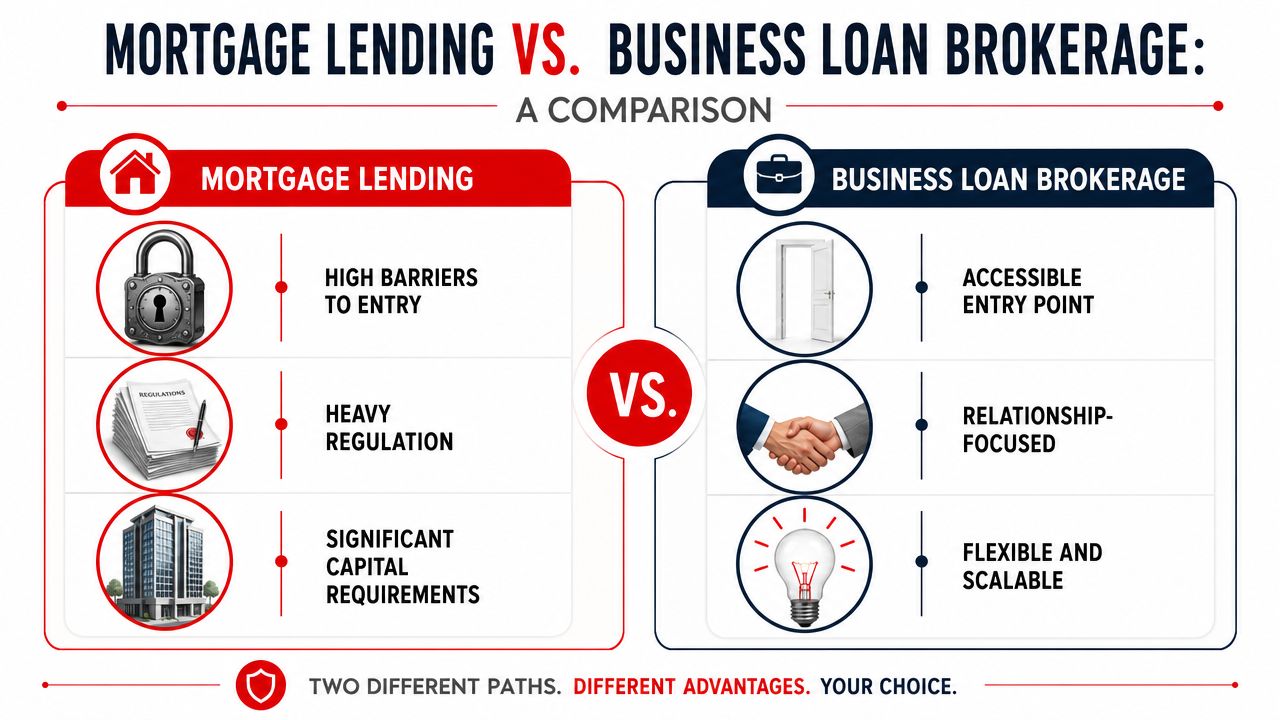 A comparison infographic showing the differences between mortgage lending and business loan brokerage business models.