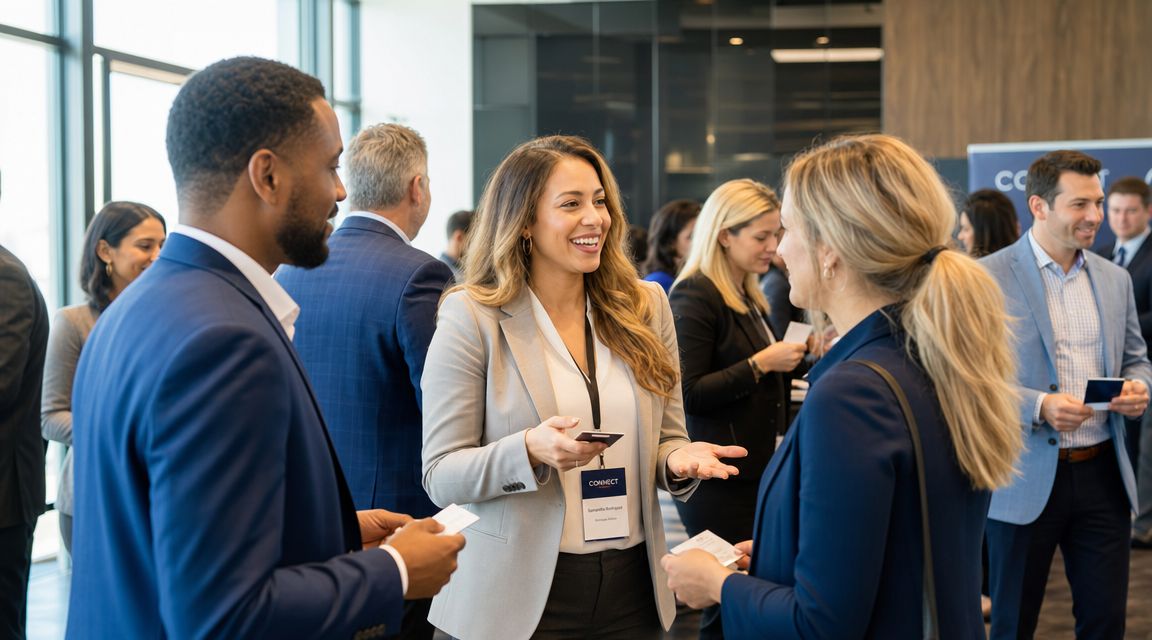 Professionals at a networking conference exchanging business cards and talking in a professional business setting.
