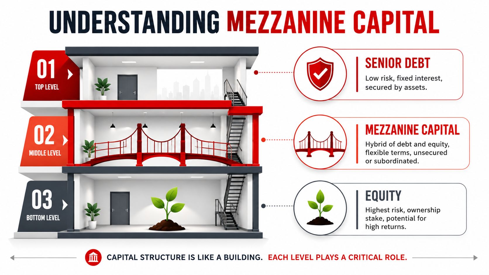 A visual guide illustrating the three levels of capital structure: senior debt, mezzanine capital, and equity.