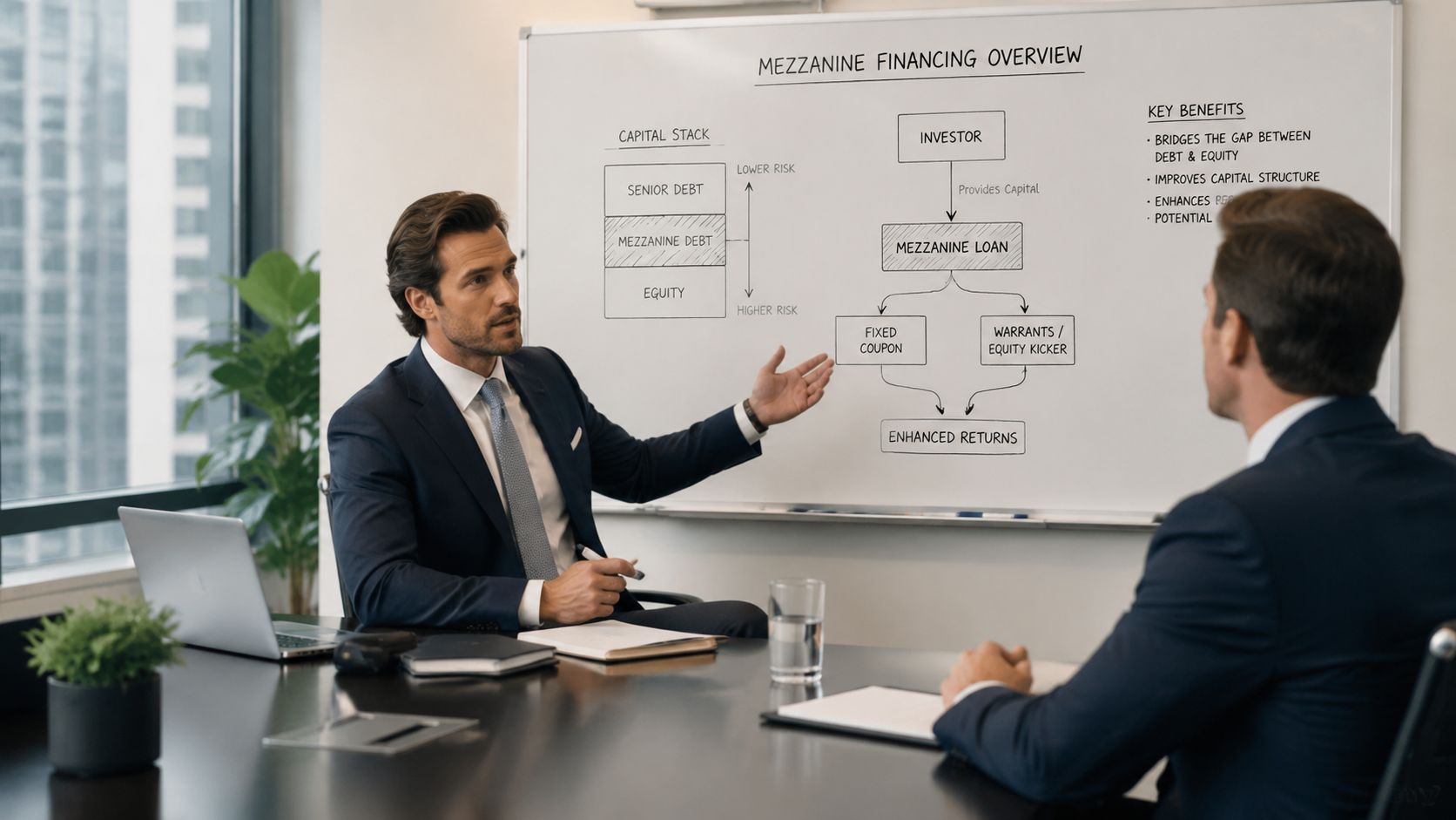 A professional man explains the concepts of mezzanine financing on a whiteboard to a colleague during a meeting.