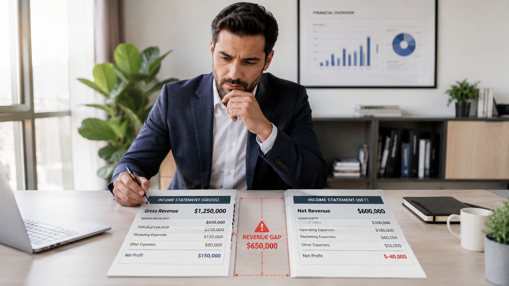 A professional man analyzing a financial comparison document between gross revenue and net revenue at his office desk.