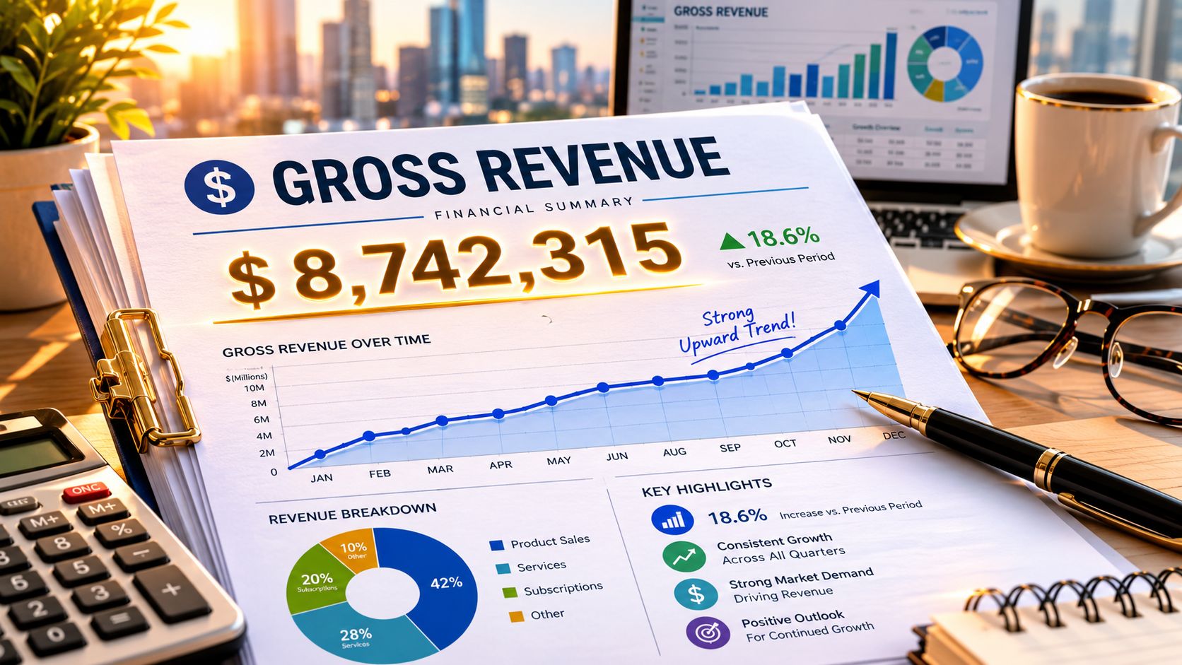 A financial document on a desk showing gross revenue statistics, charts, and key business growth performance highlights.
