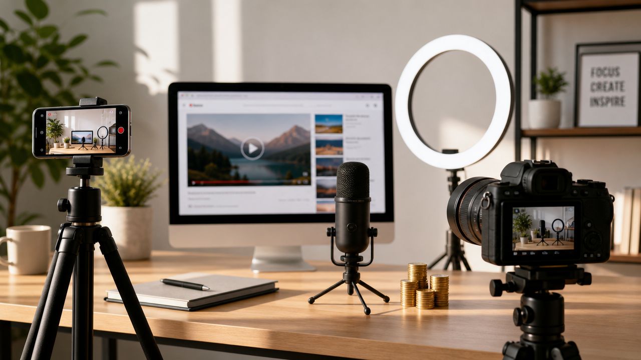 A professional home studio setup for content creation with a computer, camera, microphone, and ring light.