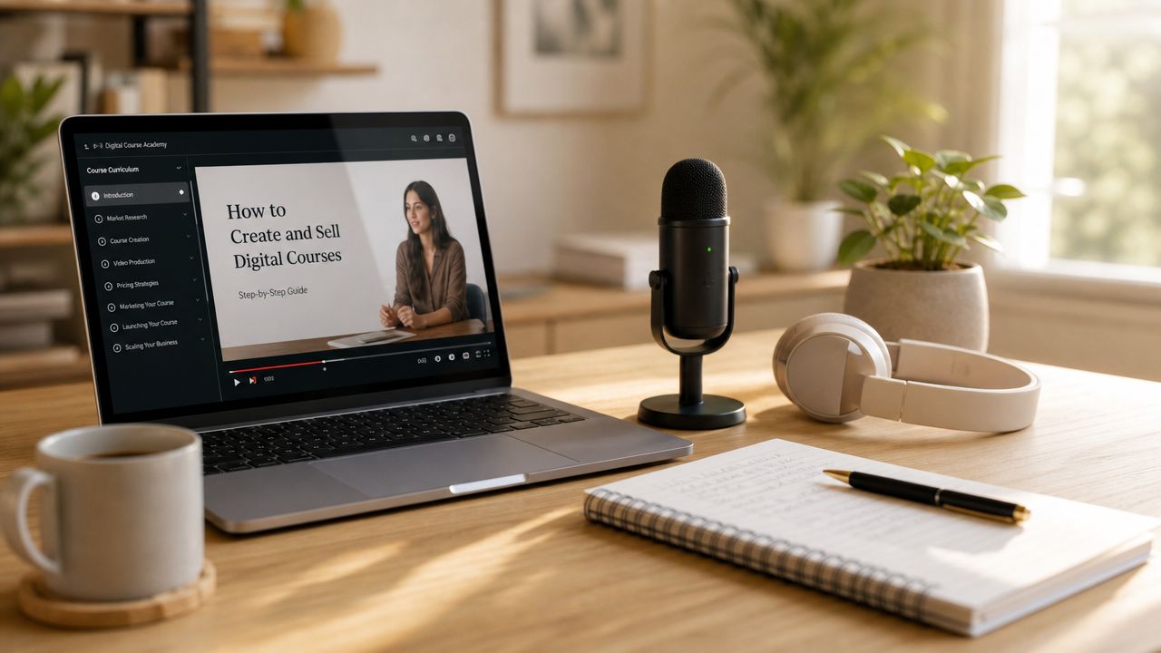 A laptop showing a digital course on how to create and sell courses next to a microphone and notebook.