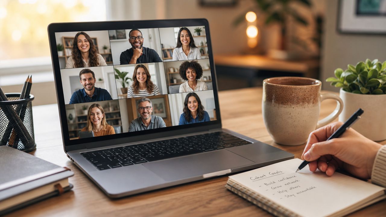 A person writing cohort goals in a notebook while attending a virtual business meeting on a laptop.