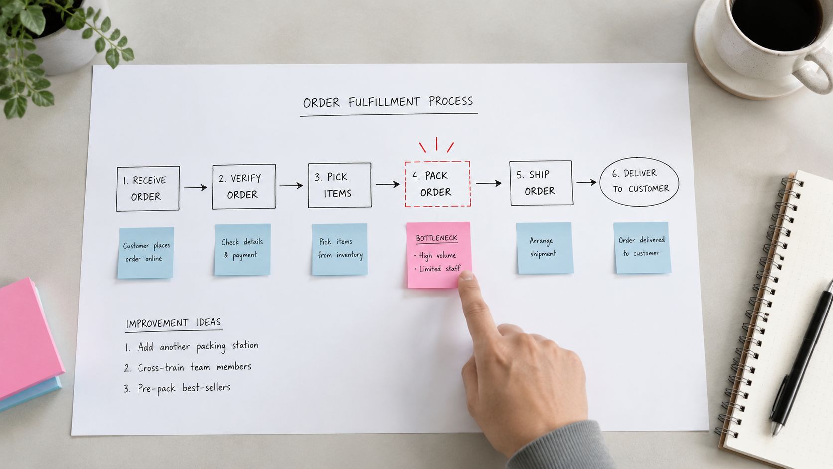 A hand pointing to a bottleneck in an order fulfillment process flowchart on a desk.
