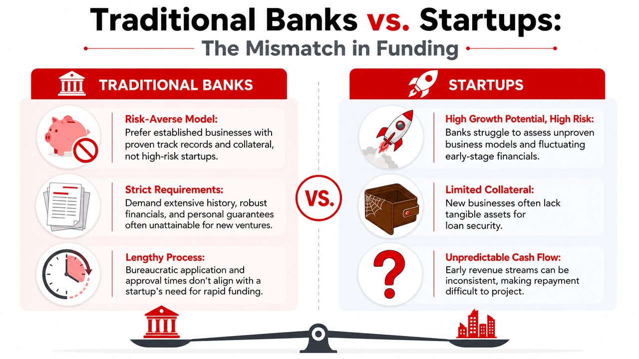 A comparison chart showing why traditional banks struggle to provide funding for high-risk, early-stage business startups.