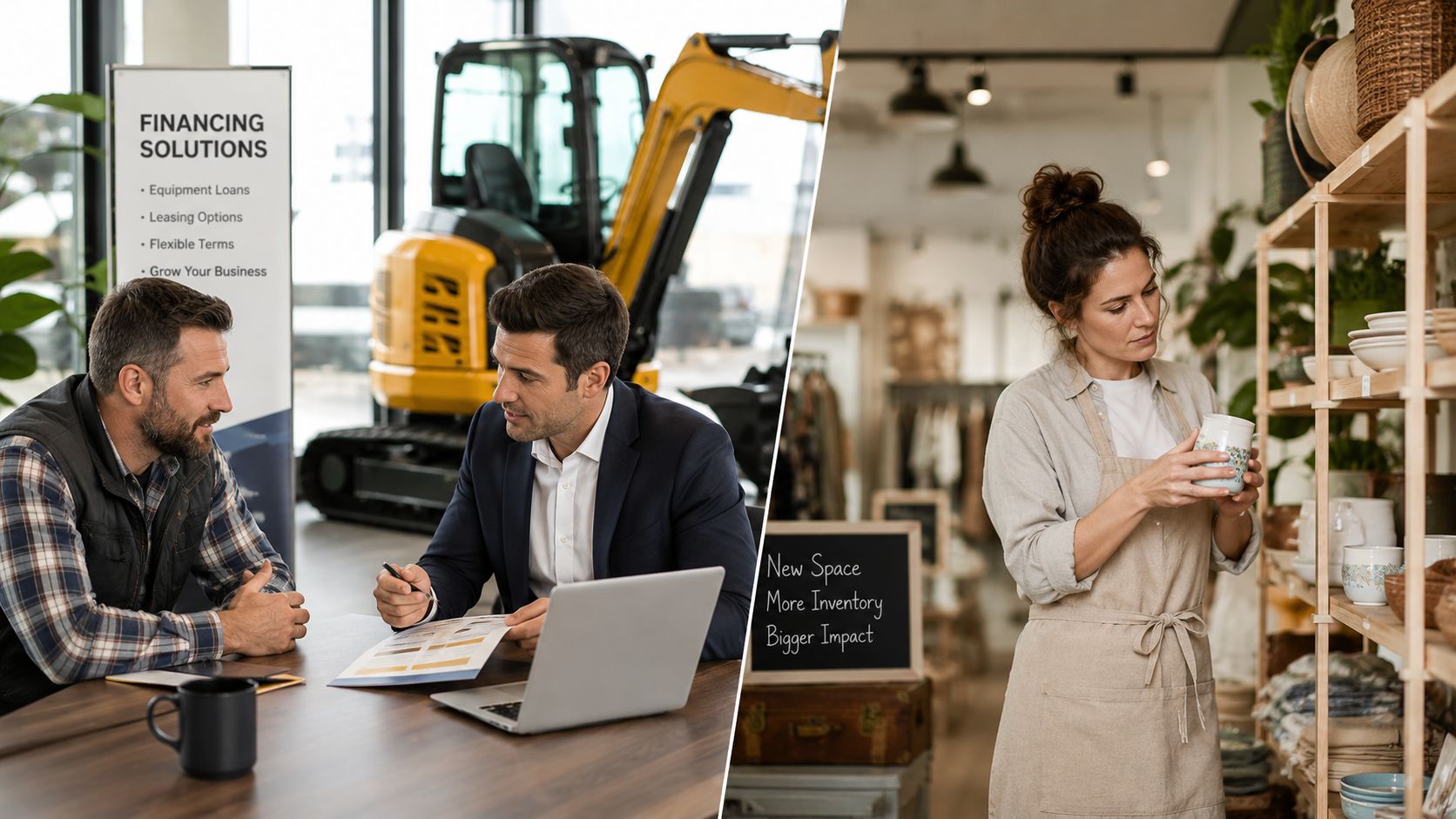 A split-screen image showing a business financing meeting with an excavator and a small shop owner.