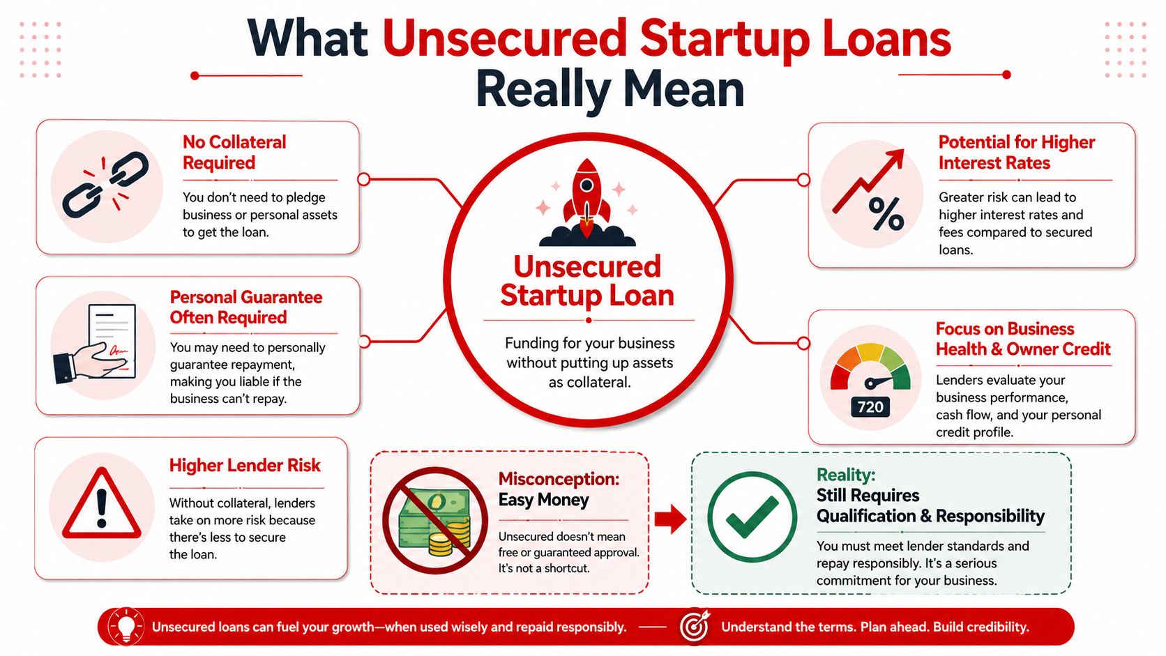 An infographic explaining the key features, risks, and requirements of unsecured startup business loans.