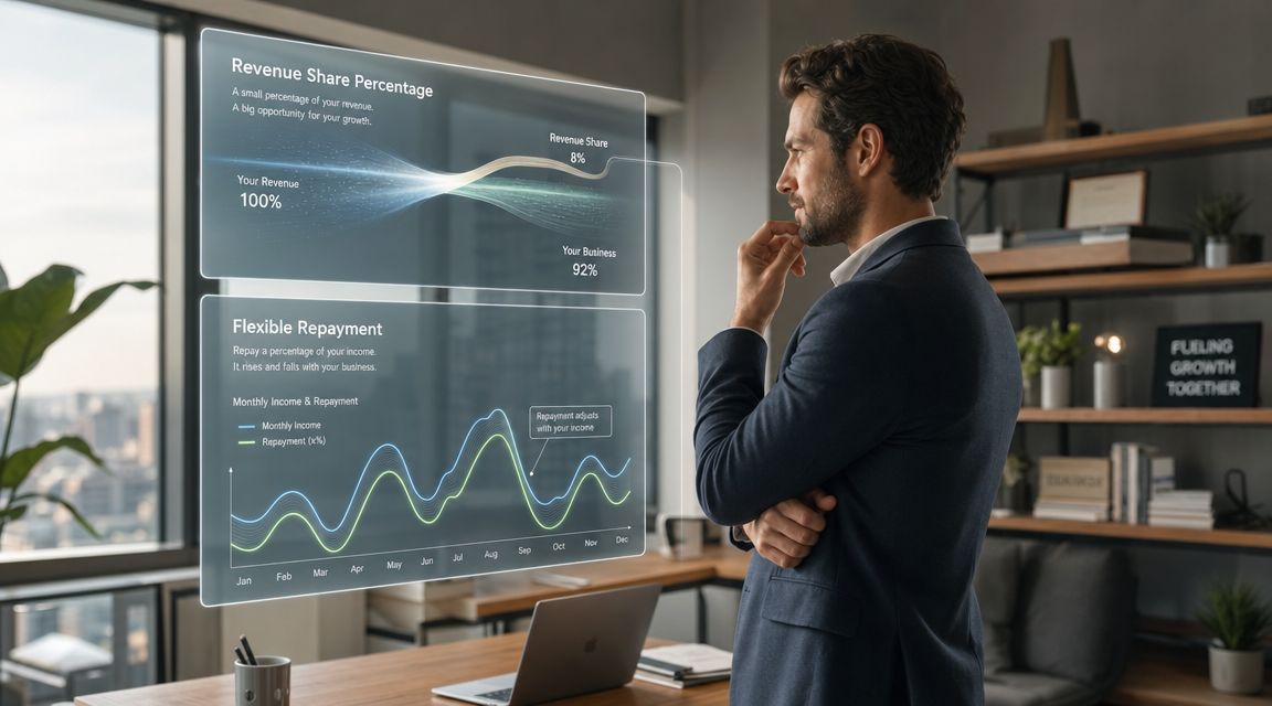 A businessman standing in a modern office looking at digital holographic charts explaining revenue-based financing concepts.