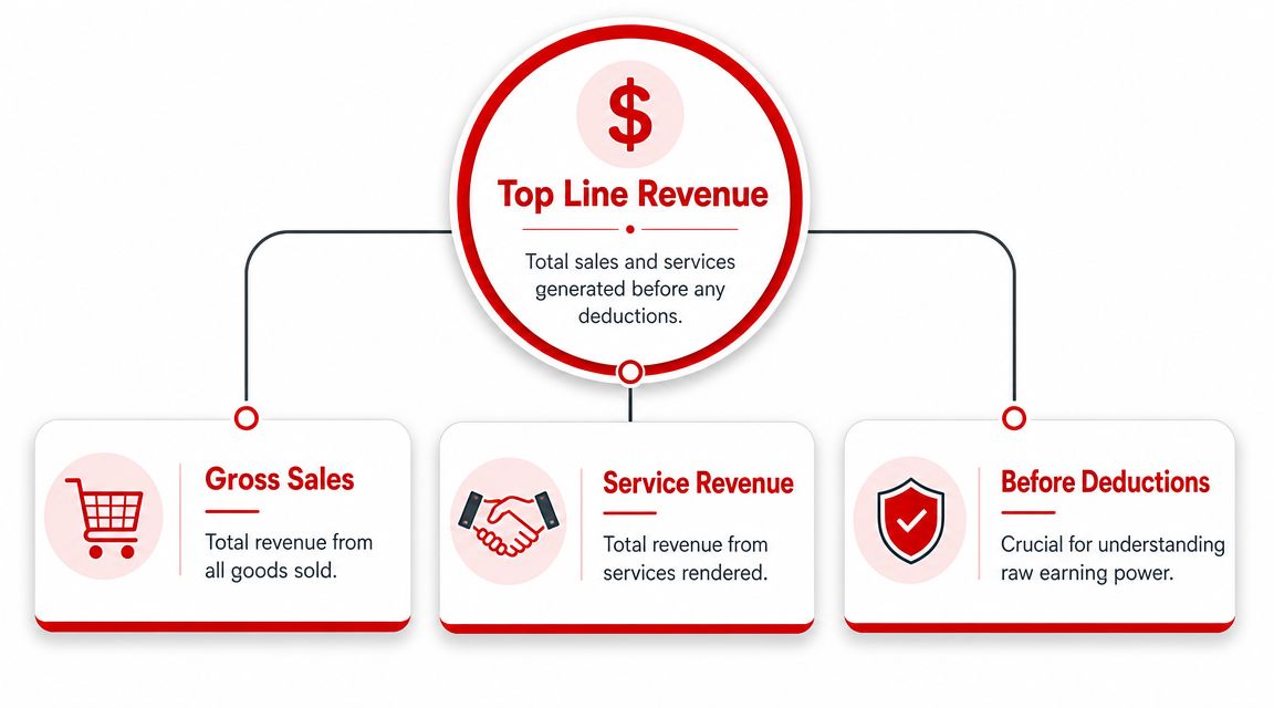 A diagram explaining top line revenue as total sales and services generated before any business deductions.