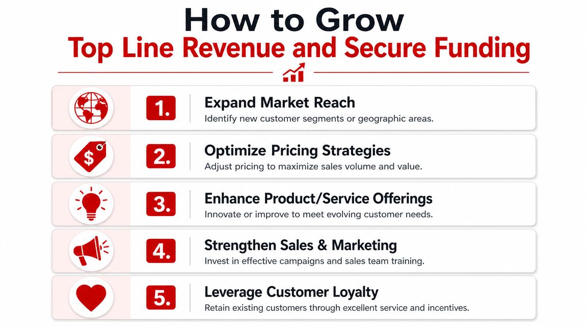 A business infographic illustrating five key strategies to grow top line revenue and secure business funding.