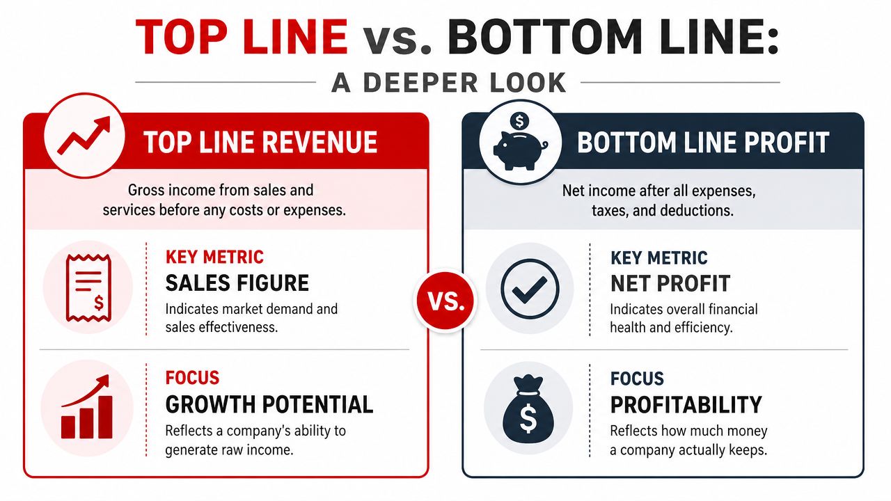 A comparison infographic showing the key differences between top line revenue and bottom line profit for businesses.