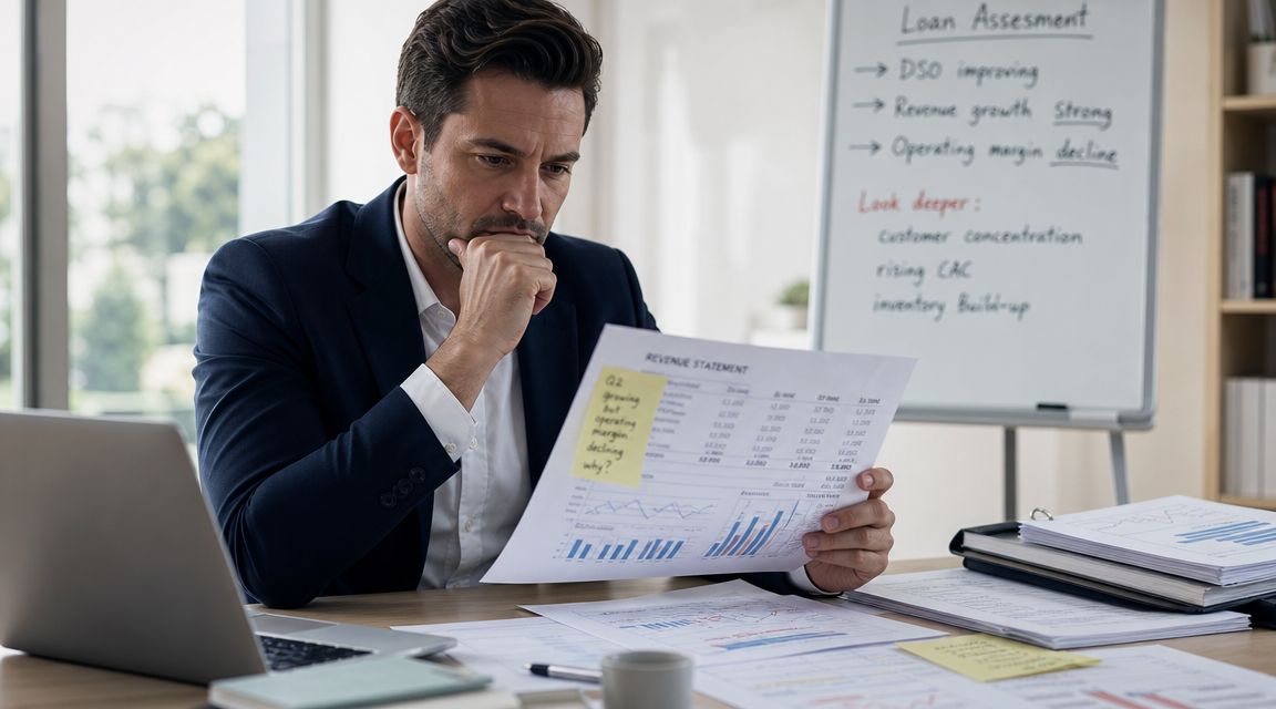 A focused professional in a business suit reviewing financial revenue statements and loan assessment notes at his desk.