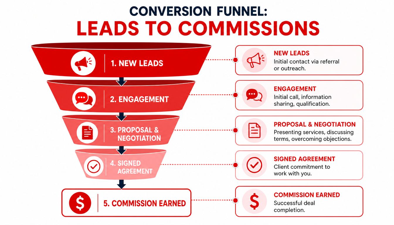A conversion funnel diagram illustrating the five steps from lead generation to earning a commission.