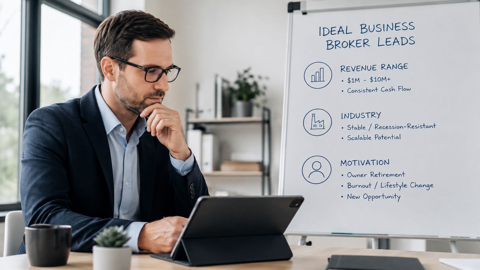 A professional man in a suit working on a tablet near a whiteboard listing ideal business broker leads.